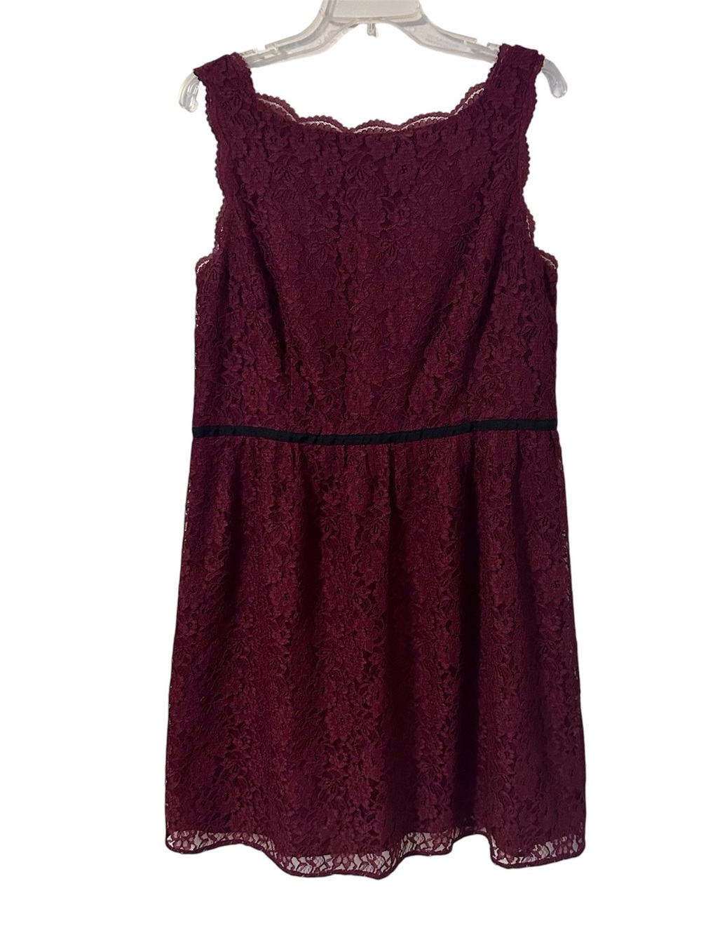 LOFT Burgundy Lace A-Line Dress with Black Waist Trim